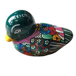 Tonala Mexican Terracotta Hand Painted Folk Art Pottery Duck Figure Figurine